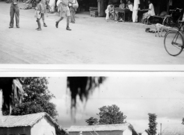 GIs explore an Indian street (including one with a camera; top), and Indian soldiers march on a base, within wooden staffs standing in for rifles (bottom).  Scenes in India witnessed by American GIs during WWII. For many Americans of that era, with their limited experience traveling, the everyday sights and sounds overseas were new, intriguing, and photo worthy.