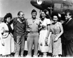 Chennault poses with USO Troupe at Kunming China, on October 26, 1944. Left to right: Ruth Carrol, Pat O'Brien, Chennault, Jinx Falkenburg, Betty Yeaton, and Jimmy Dodd. Photo by 16th Combat Camera Unit.