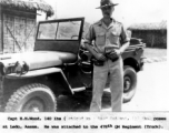 Capt. H. H. Wood poses with his jeep at Ledo, Assam. 478th Quartermaster Regiment, Truck.