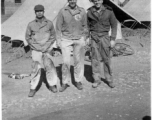 Christmas day, 1994, at Luliang, China. Pilot Lt. Harry Nelson had just told Engineer Wayne Blackburn and Radio Operator Dale Strohbehn (right) they were to fly gasoline to Suichuan (Suischwan) that day. Photo taken at Enlisted Men’s quarters, Luliang.  Photo from Dale Strohbehn.