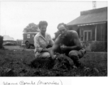 xxxJeanne Porche Morrisey, a flight nurse in India in 1945, posing with a snow leopard and unknown man.  Photo by Mildred Miller Barsby, flight nurse of 803rd MAES at Chabua.