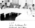 Officers such as Col. Wise, Gen. Wedemeyr, Gen. Al Bennett, and Chinese officers, enjoy a fine meal at Peishiyi upon a visit by Wedemeyer. During WWII.  Photo from M. J. Hollman.