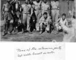 A well-worn looking "returning party" in the CBI during WWII, with Sgt. Waldo Oswalt in the center.  Photo from Pvt. Garrett Cope (10th Air Force Photographer).