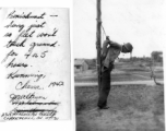 "Punishment-- Hung just so feet won't touch ground for 4 or 5 hours. Kunming, China, 1942."  Photo from James "Jim" R. Wilkonson, 73rd Ordnance Co.