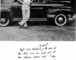 Capt. Jack Herfurt, of Joint Intelligence Collection Agency (JICA), "with one of the Navy cars we kept out of the Theatre Motor Pool." New Delhi, 1944.