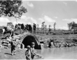 Local people in China: A donkey and mule train crosses a decaying arched stone bridge in Yunnan province, China, during WWII, while kids look at the cameraman.  From the collection of Eugene T. Wozniak.