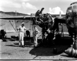 A B-25 under maintenance, having its engines swapped, at Yangkai in the CBI during WWII.