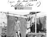 "This is a picture of Bob Houser and "Doc" R. M. Kriewitz using one of our modern shower facilities. 'Doc' (the one on the right) was one of the older guys in our outfit and he was always looked at as a father type figure. He was also the head of our instrument department and did a great job."