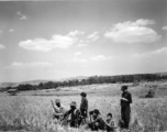 Local people in Yunnan province, China: An American GI chats with a farmer and kids at harvest time, with the grain fields ripe and ready, during WWII.