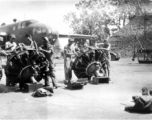 Changing engines in #43. either on July or October 1943. Chaukulia, India.  Mit Rose, Cal Achey, Frank Bert, Pete Romanazzi, Bud Chapin, Alex.