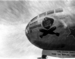 The B-29 bomber "Jolly Roger" of the 58th Bomb Wing, 468th Bomb Group, in the CBI during WWII (info courtesy of shootski).  The nose wheel door says, "Thru these portals pass the worlds fastest..."