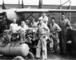 There were no hangars at Yangkai AB, nor any airbase in China. This required all aircraft maintenance to be performed in the open, regardless of weather conditions. These 491st Bomb Squadron mechanics are changing engines on squadron aircraft #444, "Shark Mouth", in the spring of 1944. Frenchy Beaudetter, George Butsika, John Burns, John Aspinwall, Karl Hammett, Frank Bert, Frank Bates.  (Info courtesy Tony Strotman) 