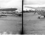 A L-5 Stinson, tail number #298836, at an American base. C-46s, B-24s, and P-51s is various states of disassembly can be seen in the background.  Yunnan province, China, during WWII.