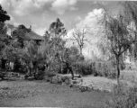 A village scene in Yunnan province, China, with ponds around a raised walkway, and an ornate building among the trees. During WWII.