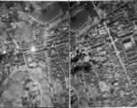 Bombing of small walled town likely in SW China (esp. Guangxi), but possibly in Burma, or French Indochina. During WWII. Signs of previous bombings are visible about, including destroyed houses along the main road, and bomb craters here and there. The bright white spot is the arc flash of a bomb explosion, caught exactly at the right time.