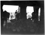 Large pile of melons or pumpkins.  Scenes in India witnessed by American GIs during WWII. For many Americans of that era, with their limited experience traveling, the everyday sights and sounds overseas were new, intriguing, and photo worthy.