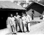 Barracks area in Yangkai, Spring 1945. Hunter Toms, Joe Burns, Bill Gornick, Syd Nyreen.