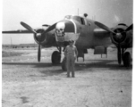 An oversized "Skull & Wings" insignia on plane's side near the nose indicates this parked B-25J Mitchell is assigned to 490th Bomb Squadron, 341st Bomb Group.  The 490th had stayed in India, attached to Tenth Air Force, when 341st BG moved from to China in January 1944. With aerial combat finished in Burma, the 490th BS (attached to 312 Fighter Wing) moved in late April 1945 to Hanzhong (Han-chung), southwestern Shaanxi Province, central China.  (Additional information courtesy of Tony Strotman.)