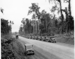 797th Engineer Forestry Company in Burma: Convoy of trucks loaded with mules on the Burma Road.  During WWII.