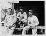 Engineers of the 797th Engineer Forestry Company pose outside building at camp in Burma.  During WWII.