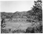 A tent camp in the forest in the distance, of the 797th Engineer Forestry Company, in Burma.  During WWII.