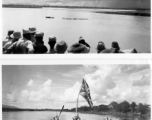 Festive longboats and crews rowing, following a boat flying a Union Jack, at an activity in Burma.  In Burma near the 797th Engineer Forestry Company.  During WWII.