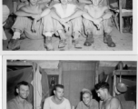 Engineers of the 797th Engineer Forestry Company pose in their tent in Burma, and while playing cards. The man on the far left (with a smile) is holding all aces.  During WWII.