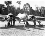 Aircraft in Burma near the 797th Engineer Forestry Company, a P-38 undergoing maintenance.  During WWII.