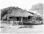 A woman sitting on the porch of a thatched-roof house on stilts in Burma.  Local people in Burma near the 797th Engineer Forestry Company.  During WWII.