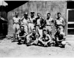 Crew photo.  Standing (left to right):  Lt. John Roney--Navigator  Lt. Howard Young--Bbombardier  Lt. Bruce Clendenen--Pilot  Lt. Robert Reade--Co-pilot  S/Sgt. Ed Mast--Engineer  S/Sgt. James Hicks--Radio Man    Seated:  S/Sgt. Allen Guthrie--Radar Man  Sgt. Glen Park--Armor Gunner  ?Sgt. Dick Zachorras--Nose Gunner  ?Sgt. Shipka-- Waist Gunner