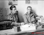 491st Bomb Squadron 1st Sergeant, Roy S. Bierbauer and an unidentified individual chat at the "Provost Sgt" desk in the orderly room, probably Yangkai, China.   (Info courtesy Tony Strotman)