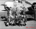 At Yangkai, China, posing with the B-25H "Wabash Cannonball", are air crewmen of the 491st Bomb Squadron. In front are T/Sgt Michael F. Hassay (flight engineer), T/Sgt John F. Daley (radio), and S/Sgt Kurt E. Hemrick (gunner). Behind them stand Lt. Frank S. Burgess (pilot), Lt. Farlie A. Garner (copilot), and Lt Gordon P. Edwards (bombardier).