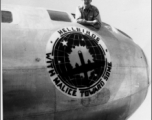 Clarence M. Miller leans from B-29 cockpit window. The 462th Bomb Group insignia reads "Hellbirds: With Malice Toward Some" around a B-29 silhouette.  (Despite the photo being labeled as 467th BS, there is no record of such a squadron being assigned to the 462nd Bombardment Group. ---Thanks to Al Schutte for the update!)  Photo from Clarence M. Miller.