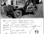 Sgt. Elmer Palkowitz, Radio Communication Service Group, 1311th AAFBU, Gaya, sitting in a black-white checked "Follow-Me" jeep in India during WWII.  Photo from R. F. Simpson.