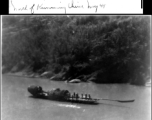 Large sampan with a number of oarsmen on river north of Kunming, China, May 1945.