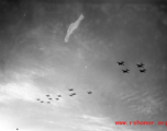 B-25 Mitchell bombers in flight in the CBI, in the area of southern China, Indochina, or Burma.