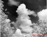 B-25 Mitchell bombers in flight in the CBI, in the area of southern China, Indochina, or Burma. During WWII.