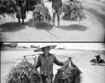 Farmers shoulder poles at Luliang air base during WWII.