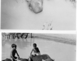 Children riding water buffalo in muddy water.  Scenes in India witnessed by American GIs during WWII. For many Americans of that era, with their limited experience traveling, the everyday sights and sounds overseas were new, intriguing, and photo worthy.