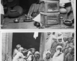 Room with boxes and metal vessels (top), and clustered men (bottom) with GI looking on from right.  Scenes in India witnessed by American GIs during WWII. For many Americans of that era, with their limited experience traveling, the everyday sights and sounds overseas were new, intriguing, and photo worthy.